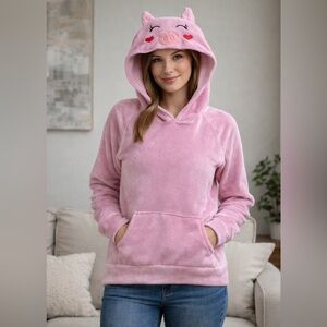 Women’s Pink Pig Hooded Plush Hoodie Cozy Cute Animal Pullover Size Small
